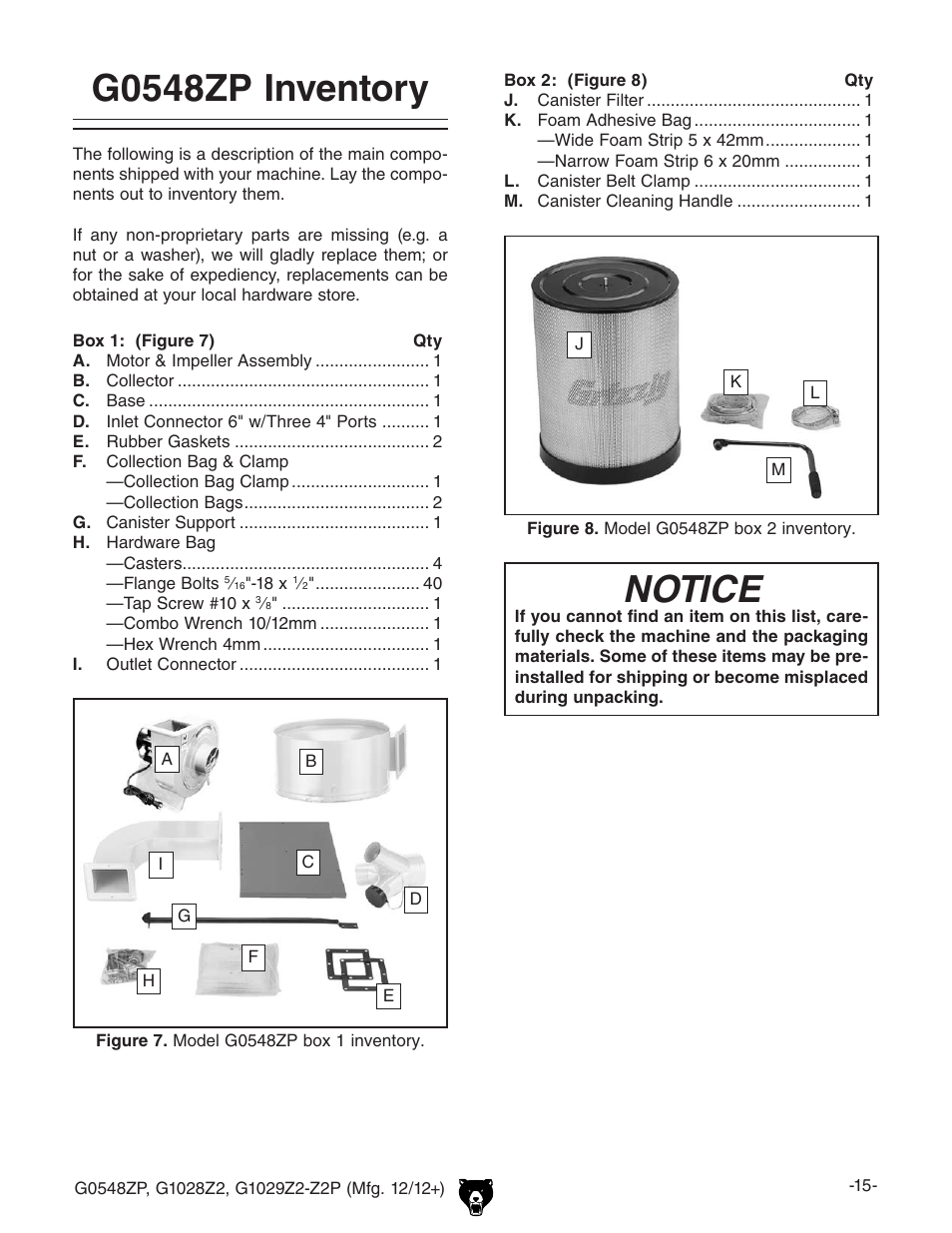 G0548zp inventory, Notice | Grizzly G1029Z2P  EN User Manual | Page 17 / 56