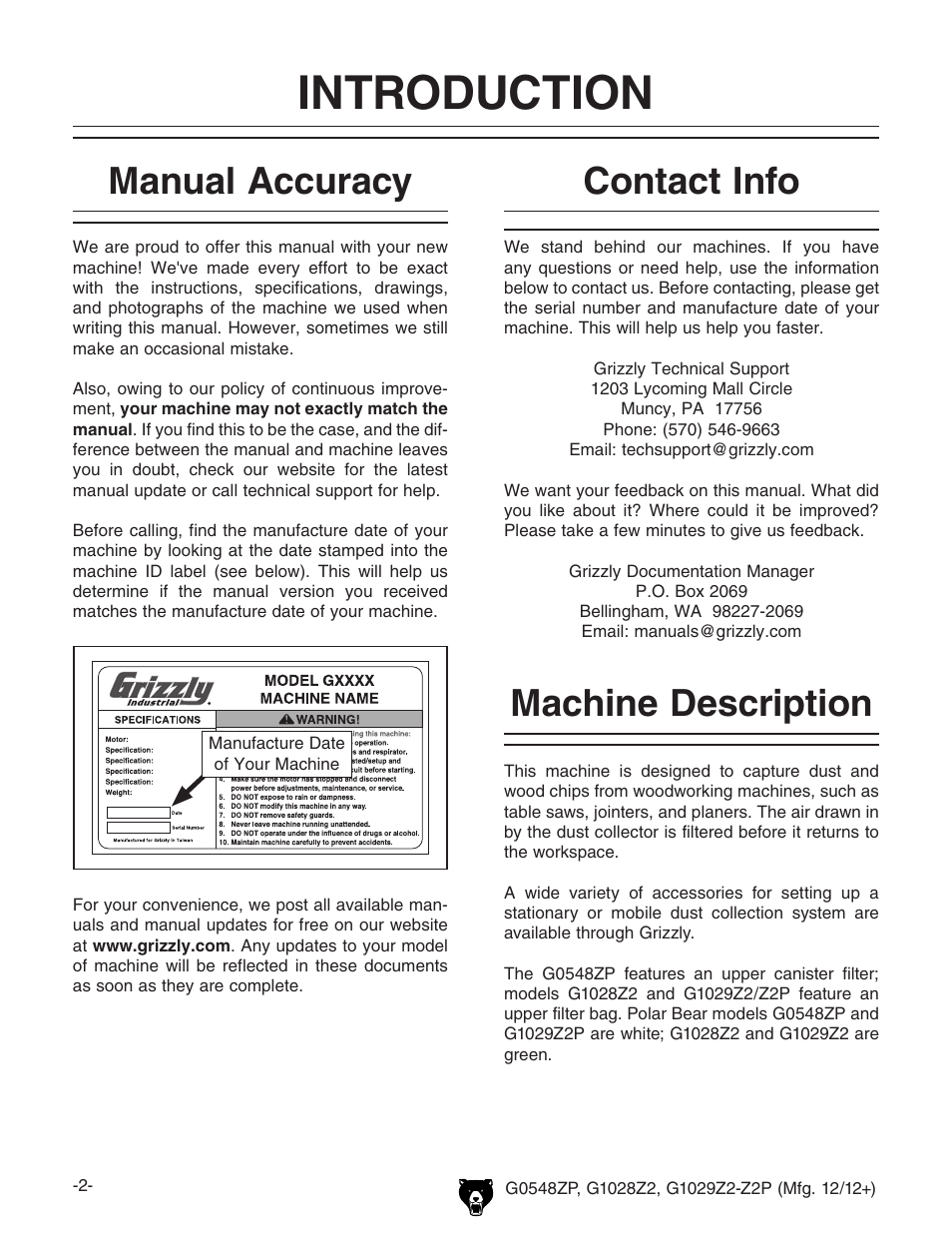 Introduction, Machine description, Contact info | Manual accuracy | Grizzly G1029Z2P  EN User Manual | Page 4 / 56