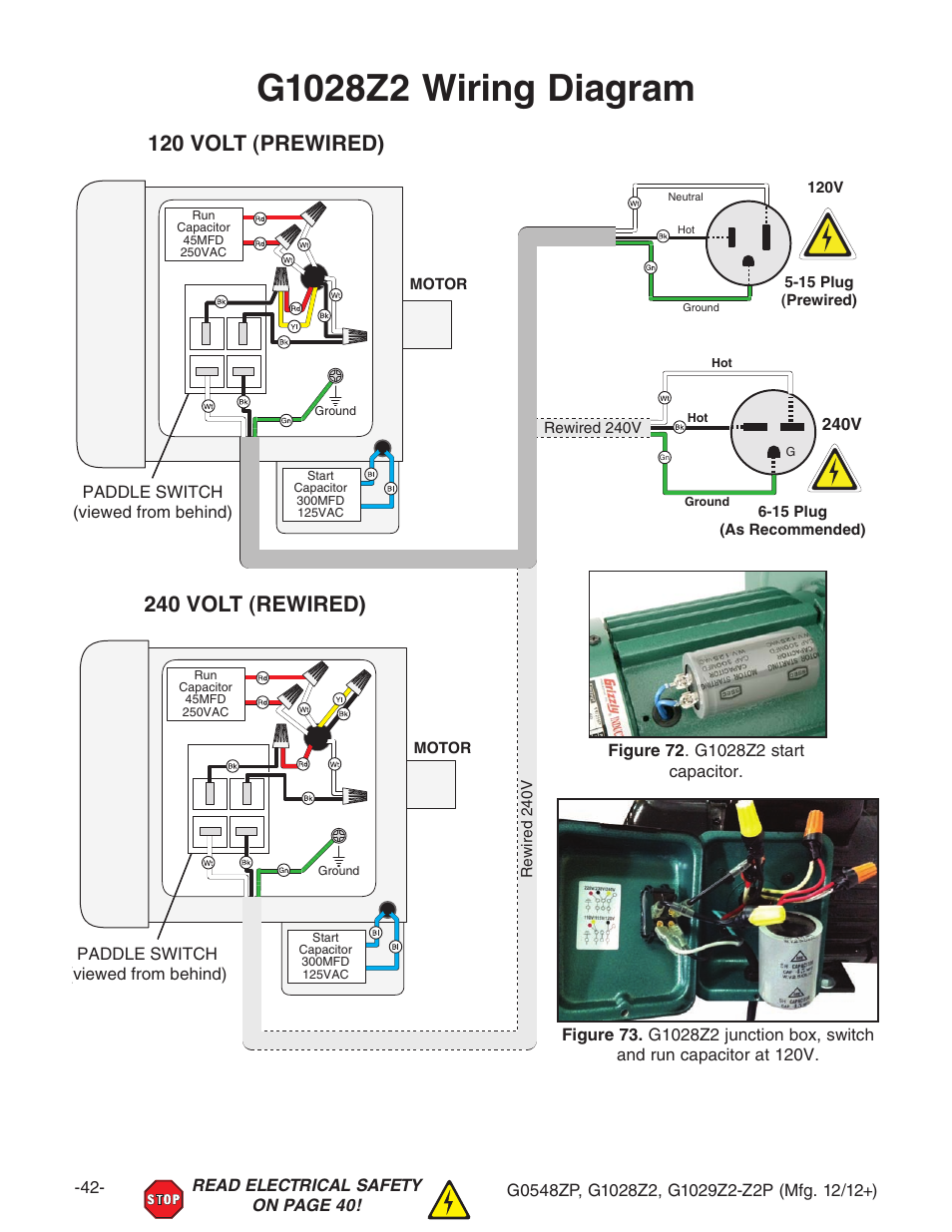 120 volt (prewired), 240 volt (rewired) | Grizzly G1029Z2P  EN User Manual | Page 44 / 56