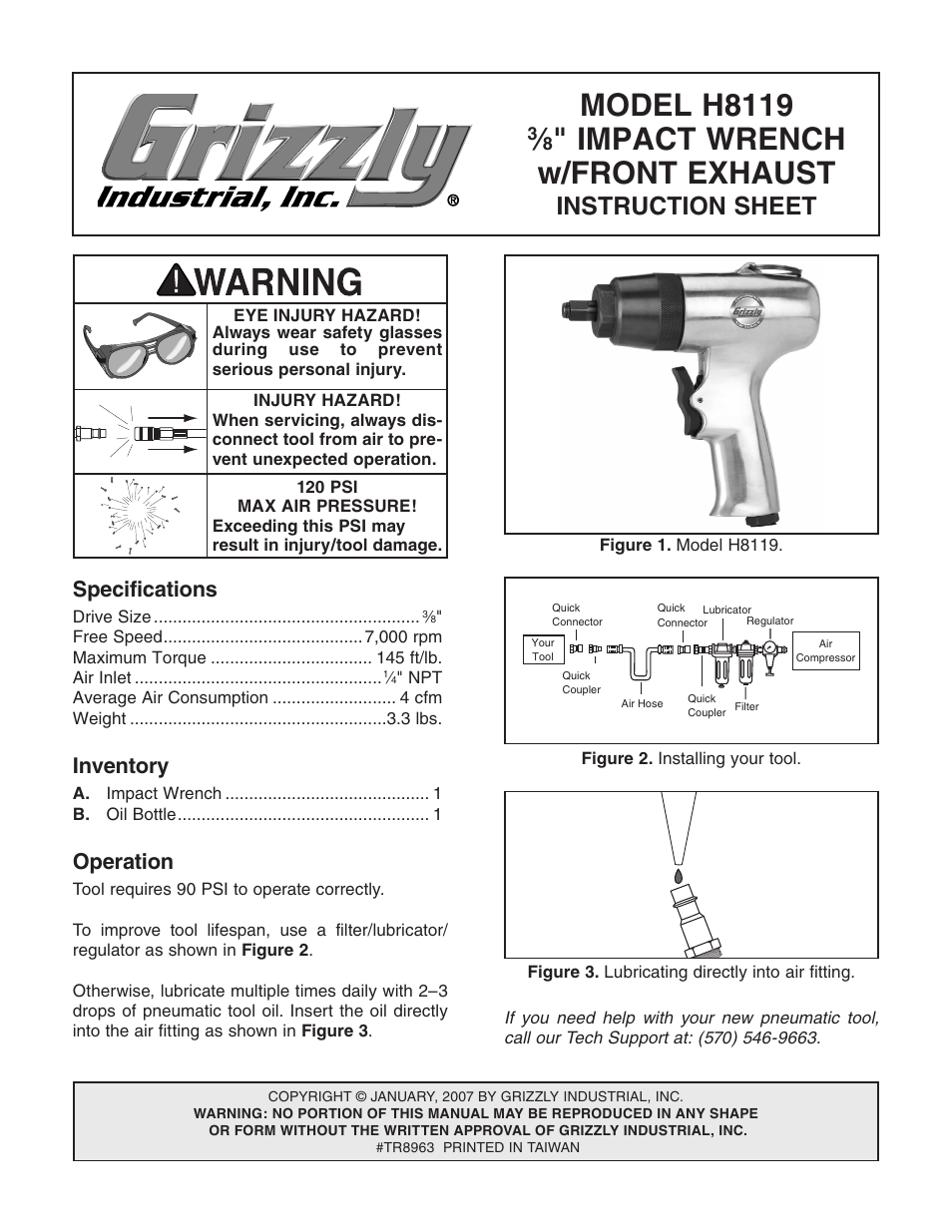 Grizzly 3/8" Impact Wrench w/ Front Exhaust H8119 User Manual | 2 pages