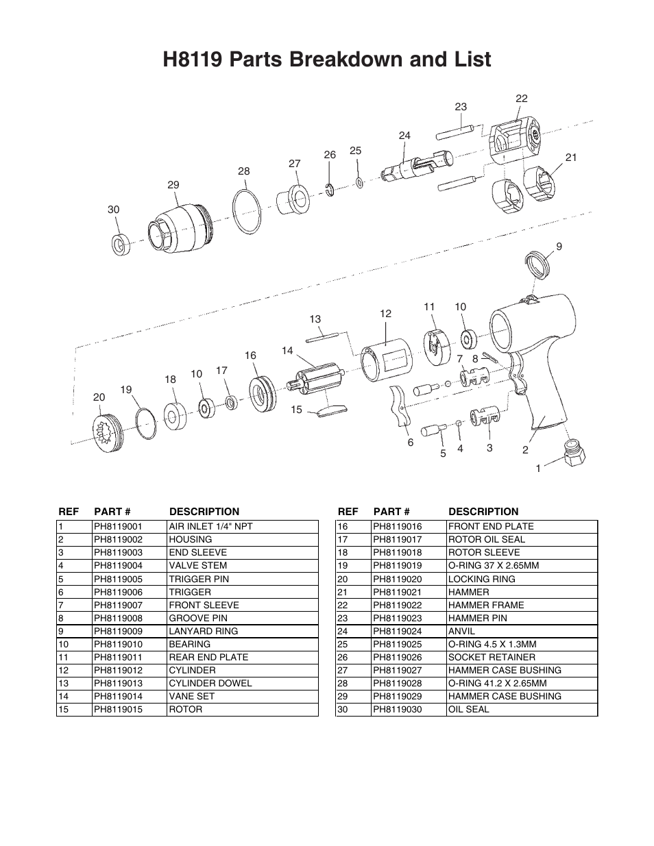 H8119 parts breakdown and list | Grizzly 3/8" Impact Wrench w/ Front Exhaust H8119 User Manual | Page 2 / 2