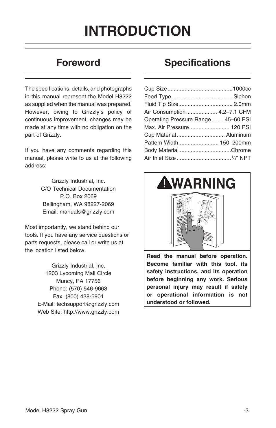 Introduction, Foreword specifications | Grizzly Model H8222 User Manual | Page 4 / 16