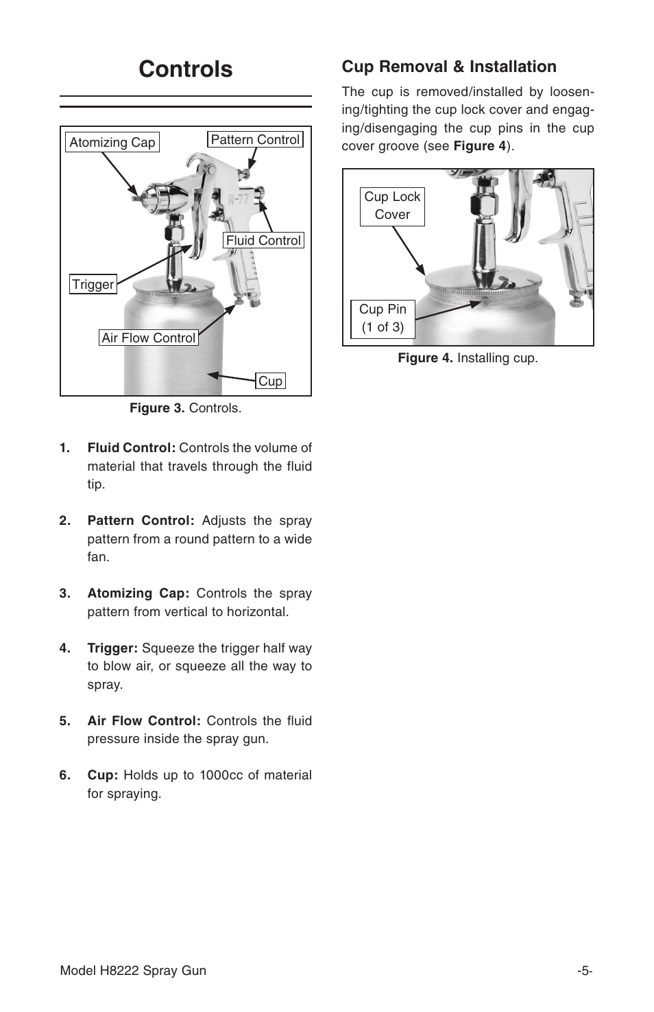 Controls, Cup removal & installation | Grizzly Model H8222 User Manual | Page 6 / 16