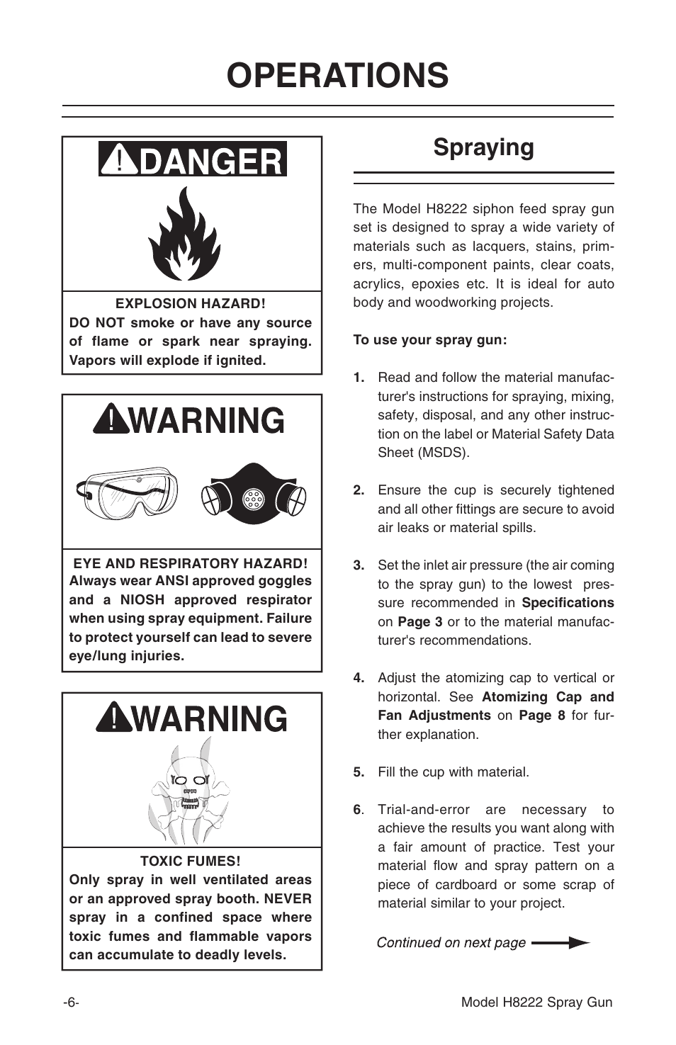 Operations, Spraying | Grizzly Model H8222 User Manual | Page 7 / 16
