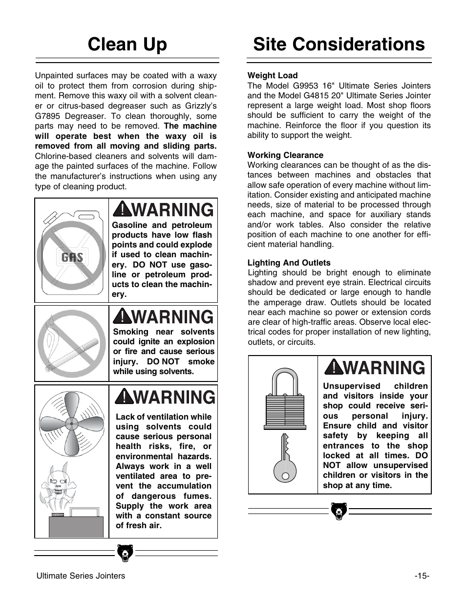 Clean up site considerations | Grizzly G9953ZX User Manual | Page 17 / 76