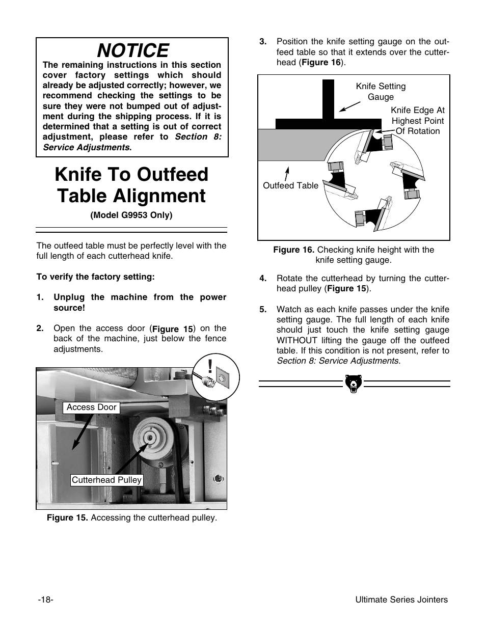 Knife to outfeed table alignment, Notice | Grizzly G9953ZX User Manual | Page 20 / 76