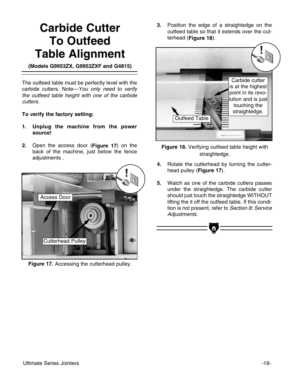 Carbide cutter to outfeed table alignment | Grizzly G9953ZX User Manual | Page 21 / 76