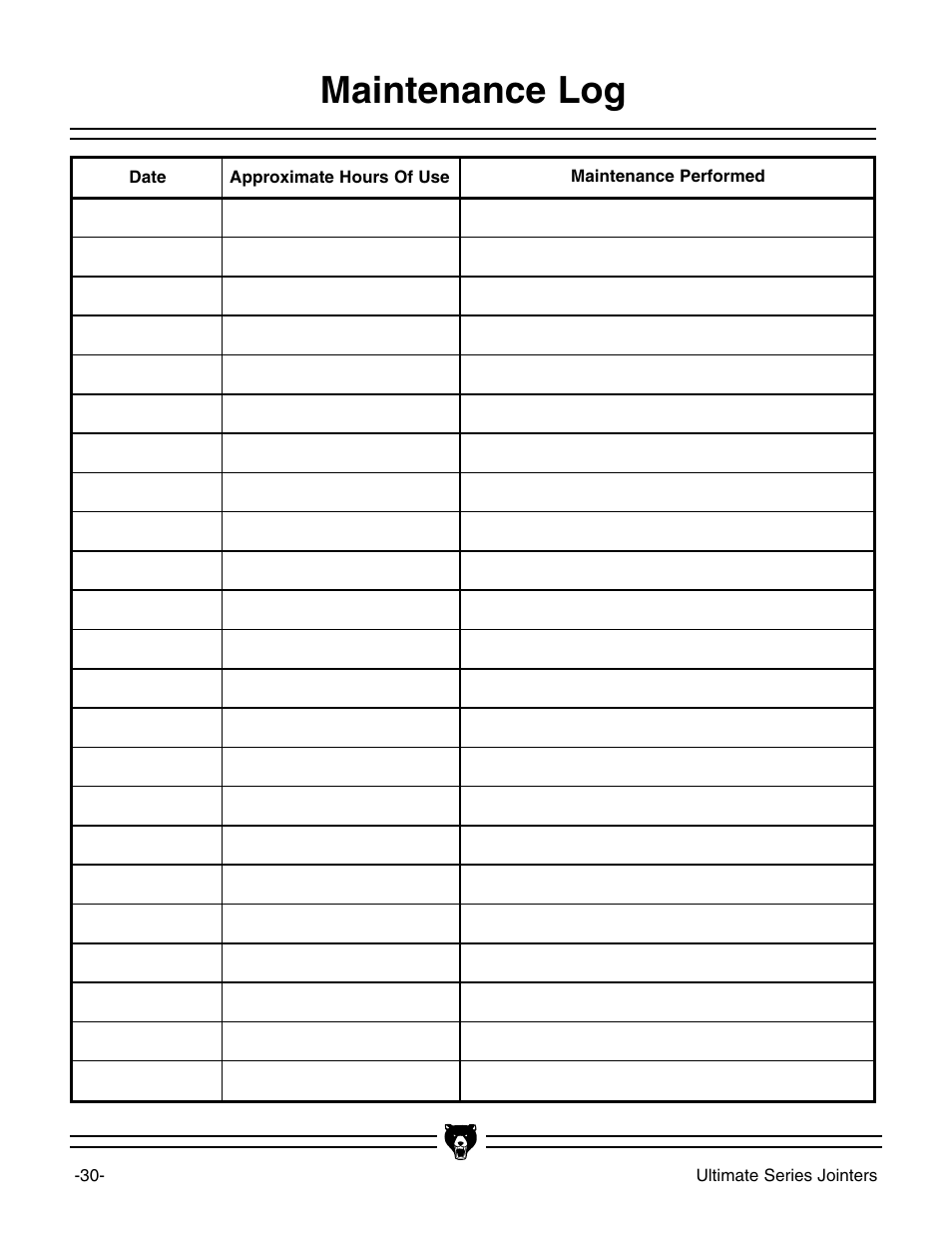 Maintenance log | Grizzly G9953ZX User Manual | Page 32 / 76