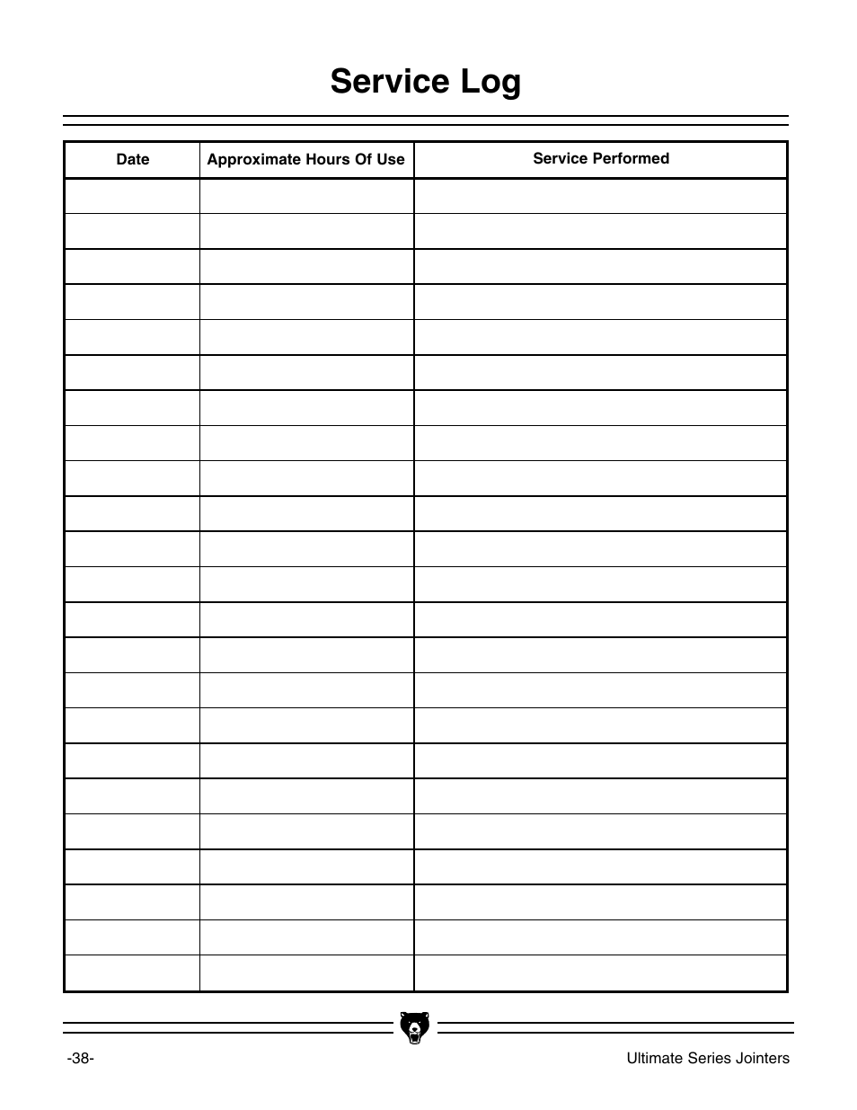 Service log | Grizzly G9953ZX User Manual | Page 40 / 76