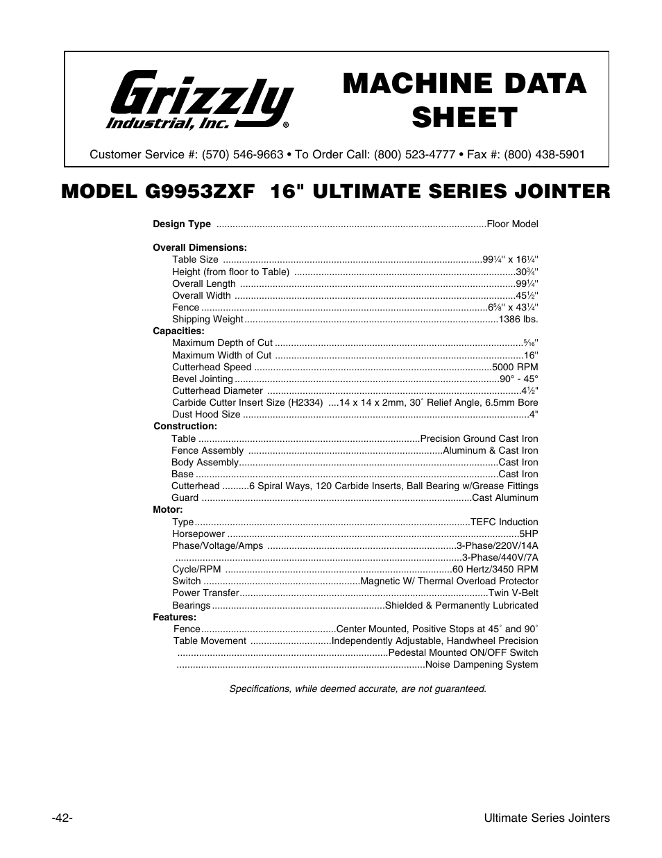 Machine data sheet | Grizzly G9953ZX User Manual | Page 44 / 76