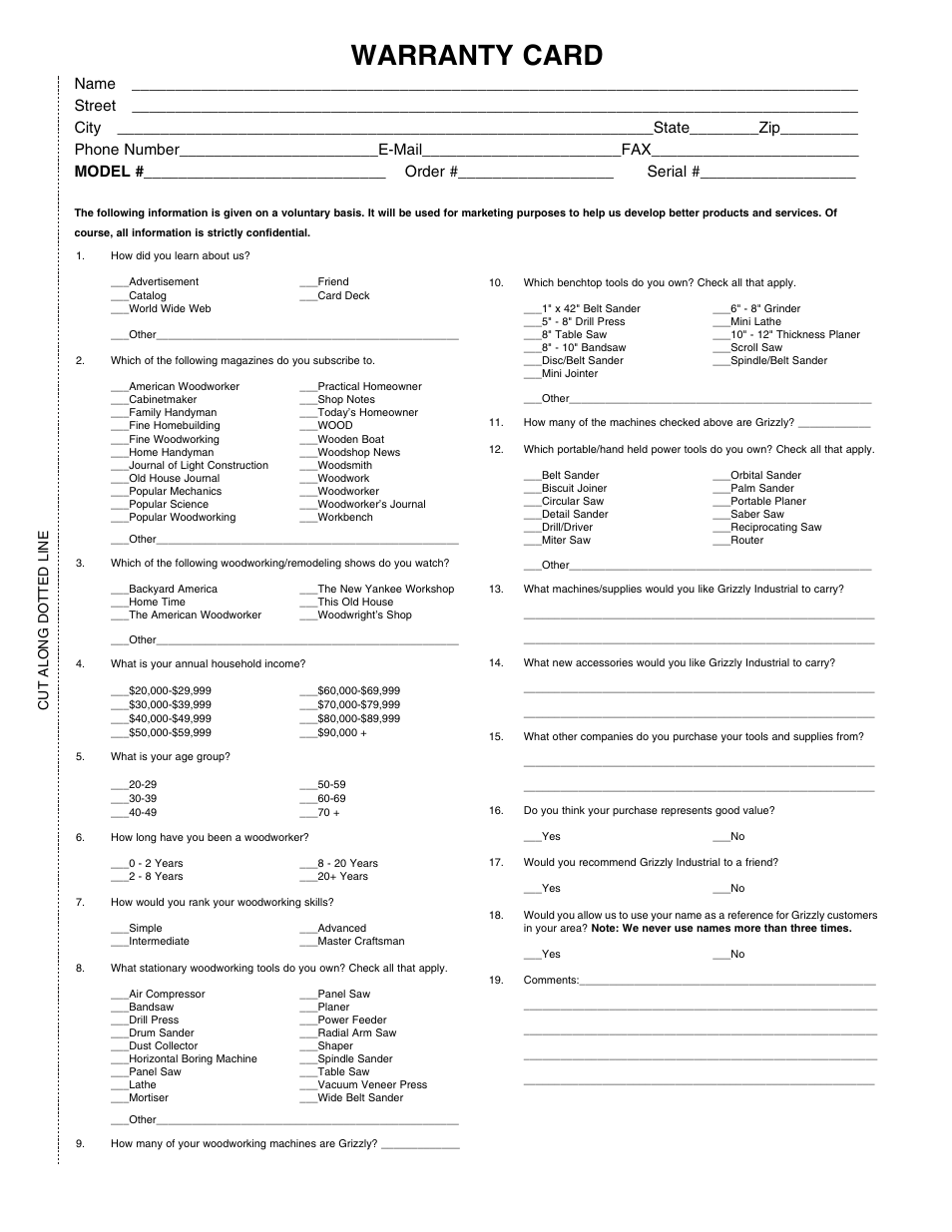 Warranty card, Cut along dotted line | Grizzly G9953ZX User Manual | Page 73 / 76