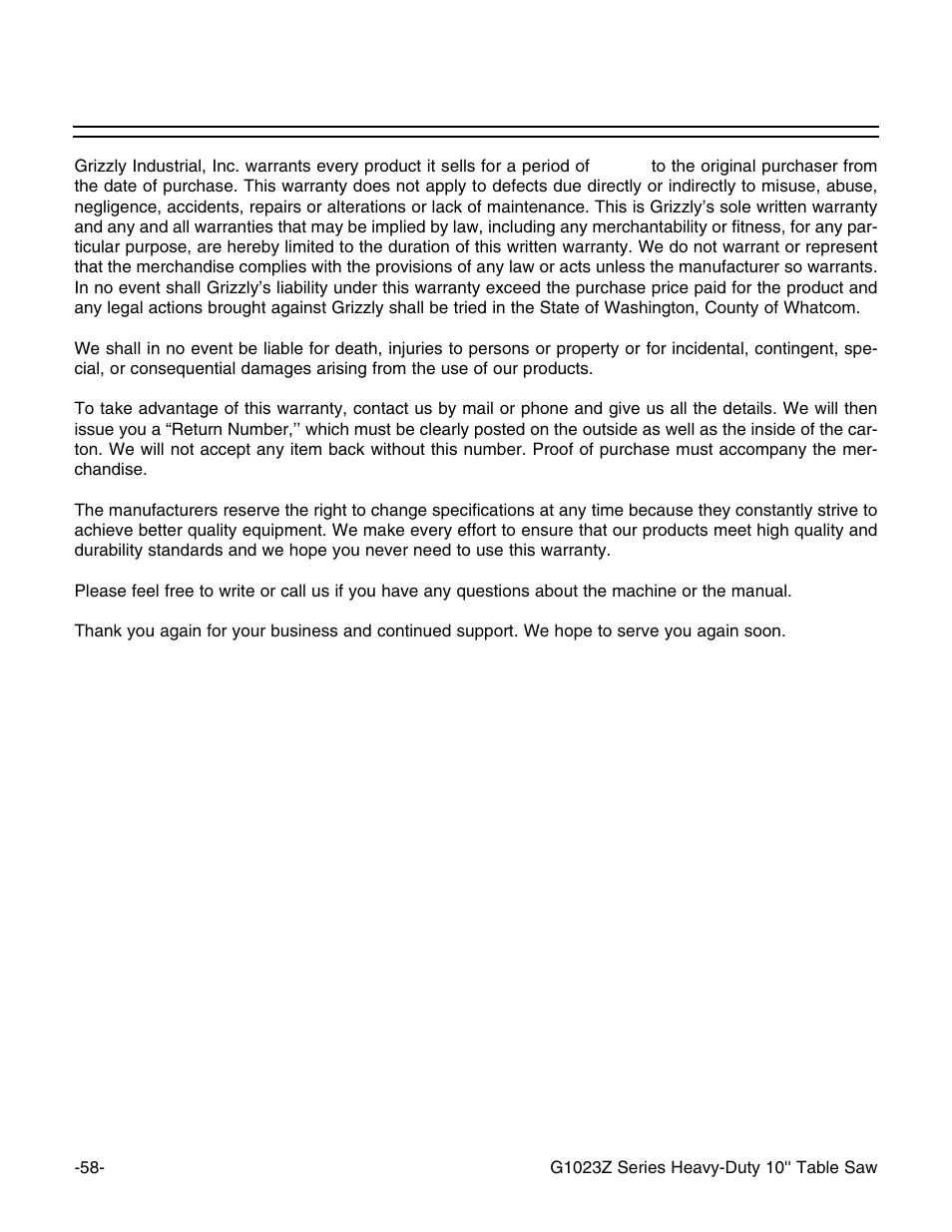 Warranty and returns | Grizzly ZX3 User Manual | Page 60 / 63