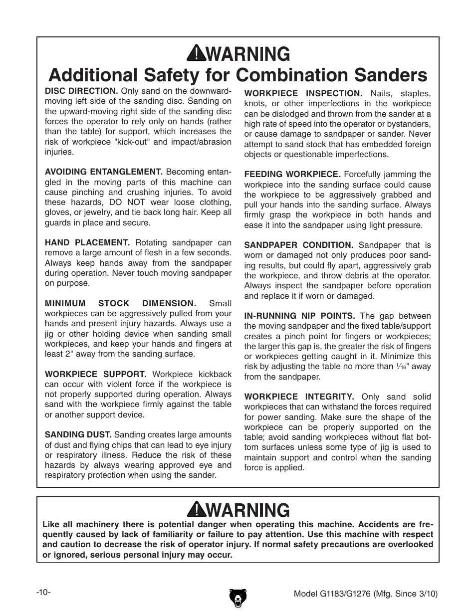 Additional safety for combination sanders | Grizzly COMBINATION SANDER G1183 User Manual | Page 12 / 48