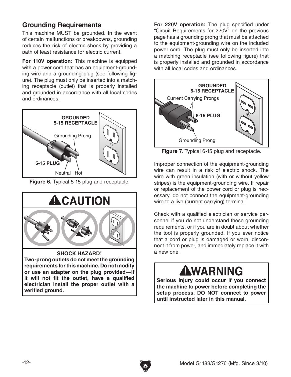 Grounding requirements | Grizzly COMBINATION SANDER G1183 User Manual | Page 14 / 48