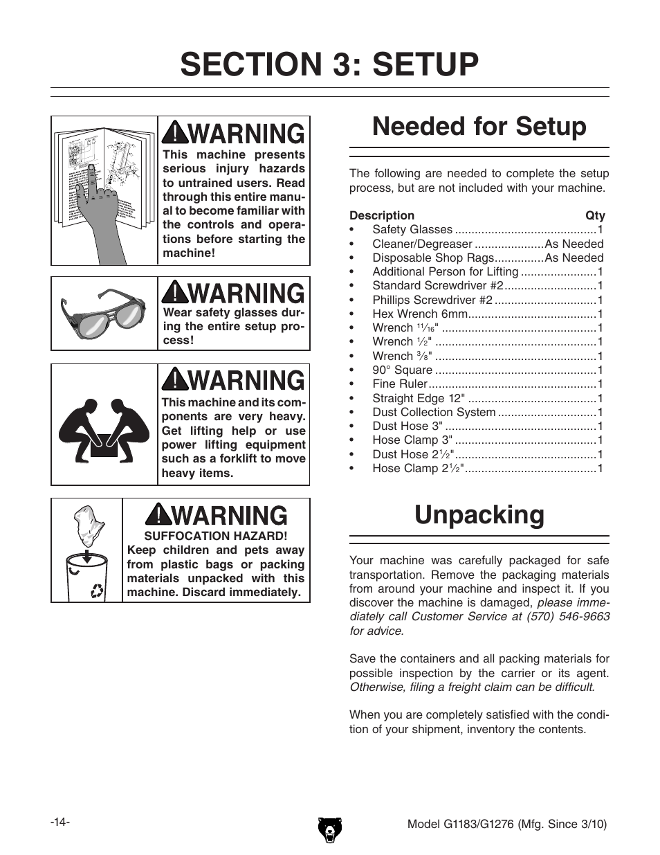 Needed for setup, Unpacking | Grizzly COMBINATION SANDER G1183 User Manual | Page 16 / 48