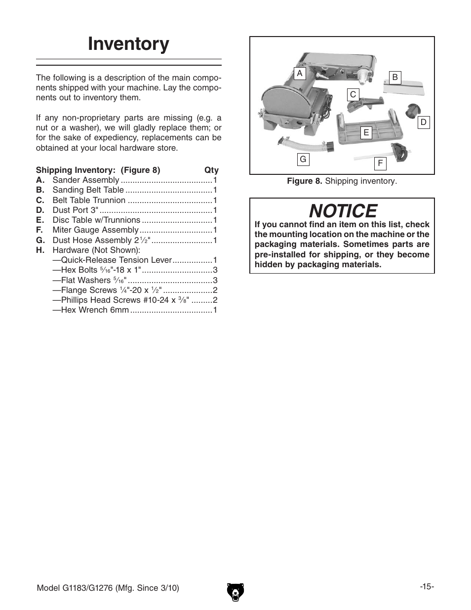 Inventory, Notice | Grizzly COMBINATION SANDER G1183 User Manual | Page 17 / 48