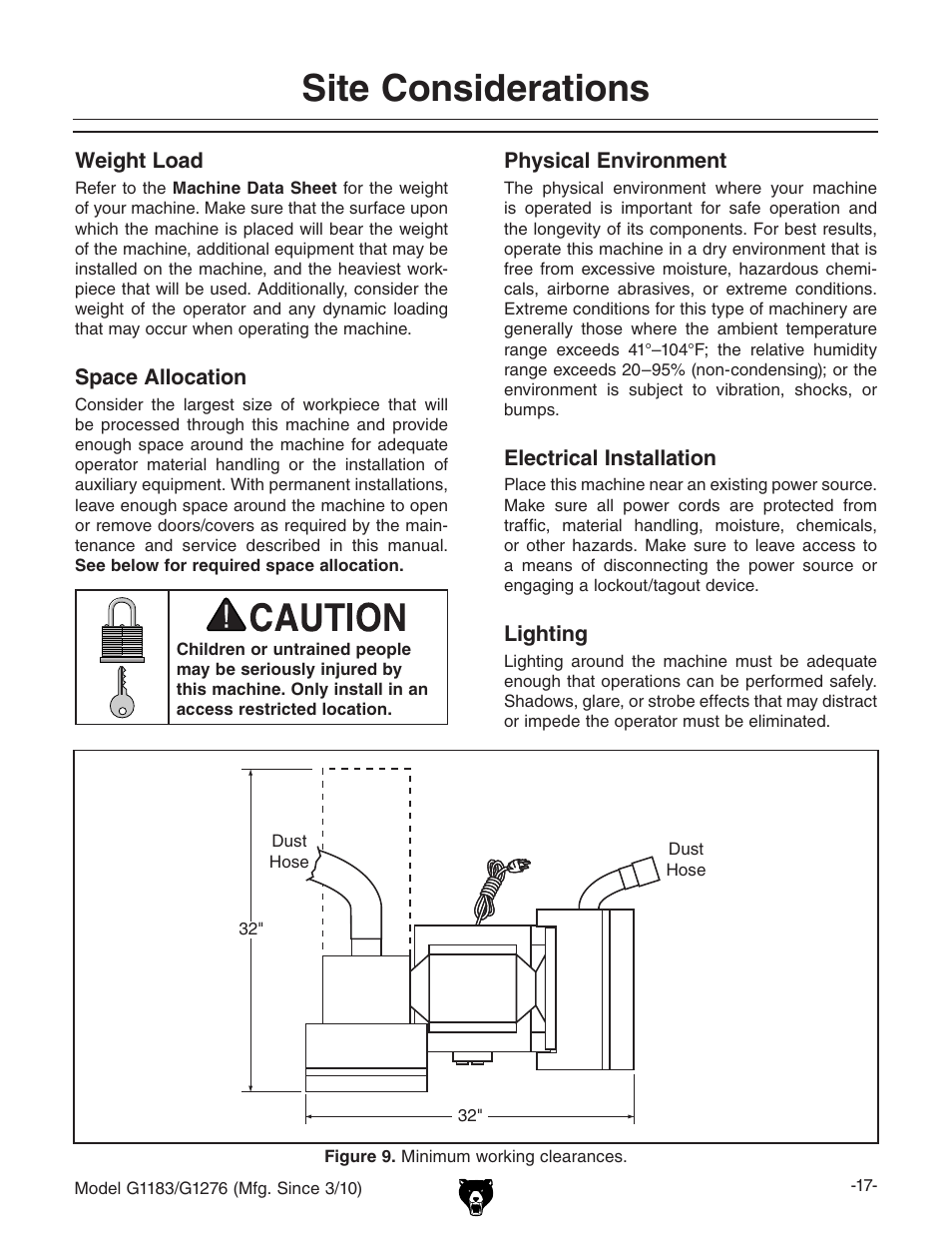 Site considerations | Grizzly COMBINATION SANDER G1183 User Manual | Page 19 / 48