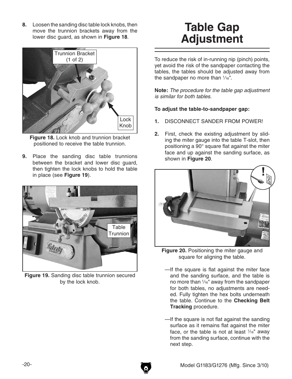 Table gap adjustment | Grizzly COMBINATION SANDER G1183 User Manual | Page 22 / 48