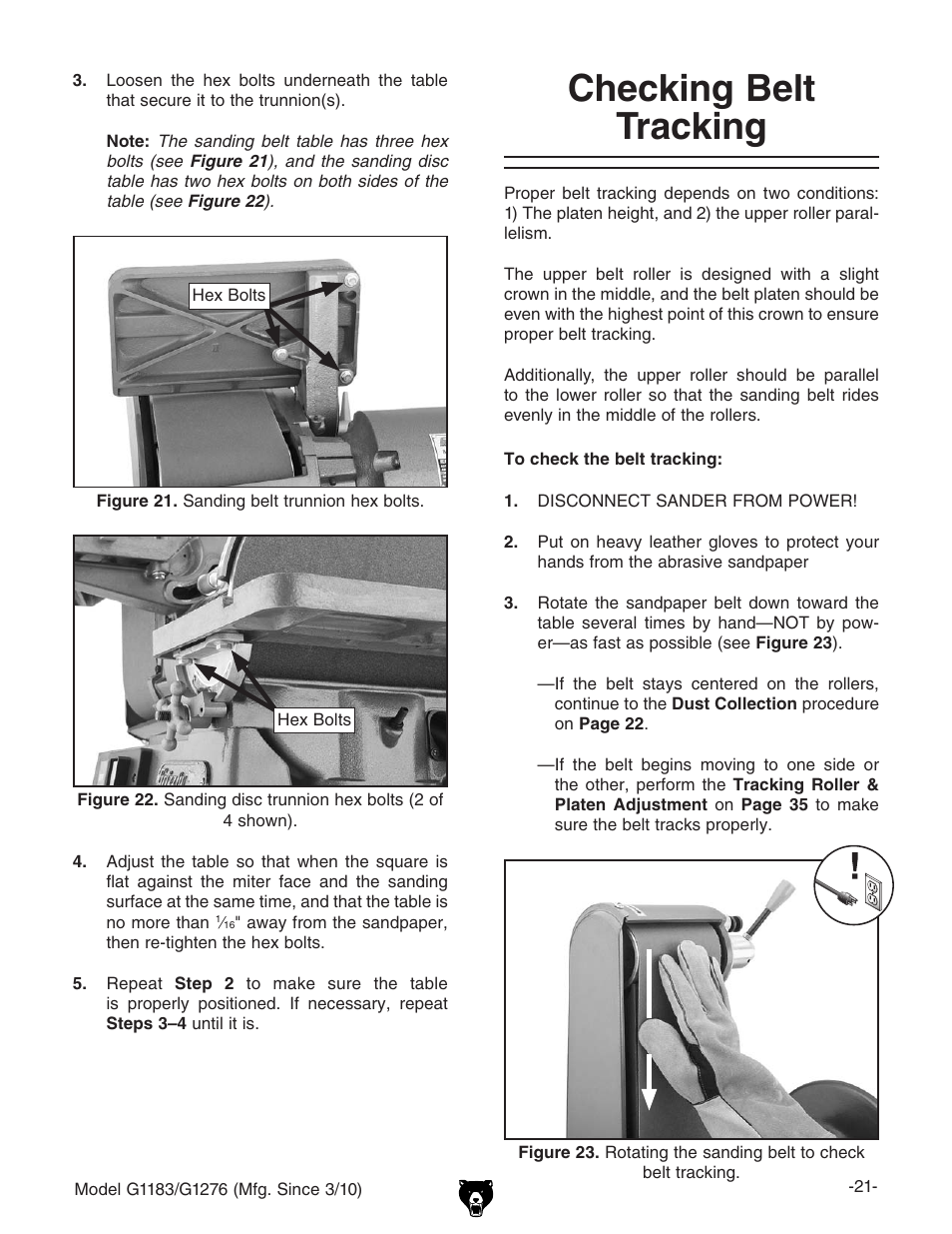 Checking belt tracking | Grizzly COMBINATION SANDER G1183 User Manual | Page 23 / 48