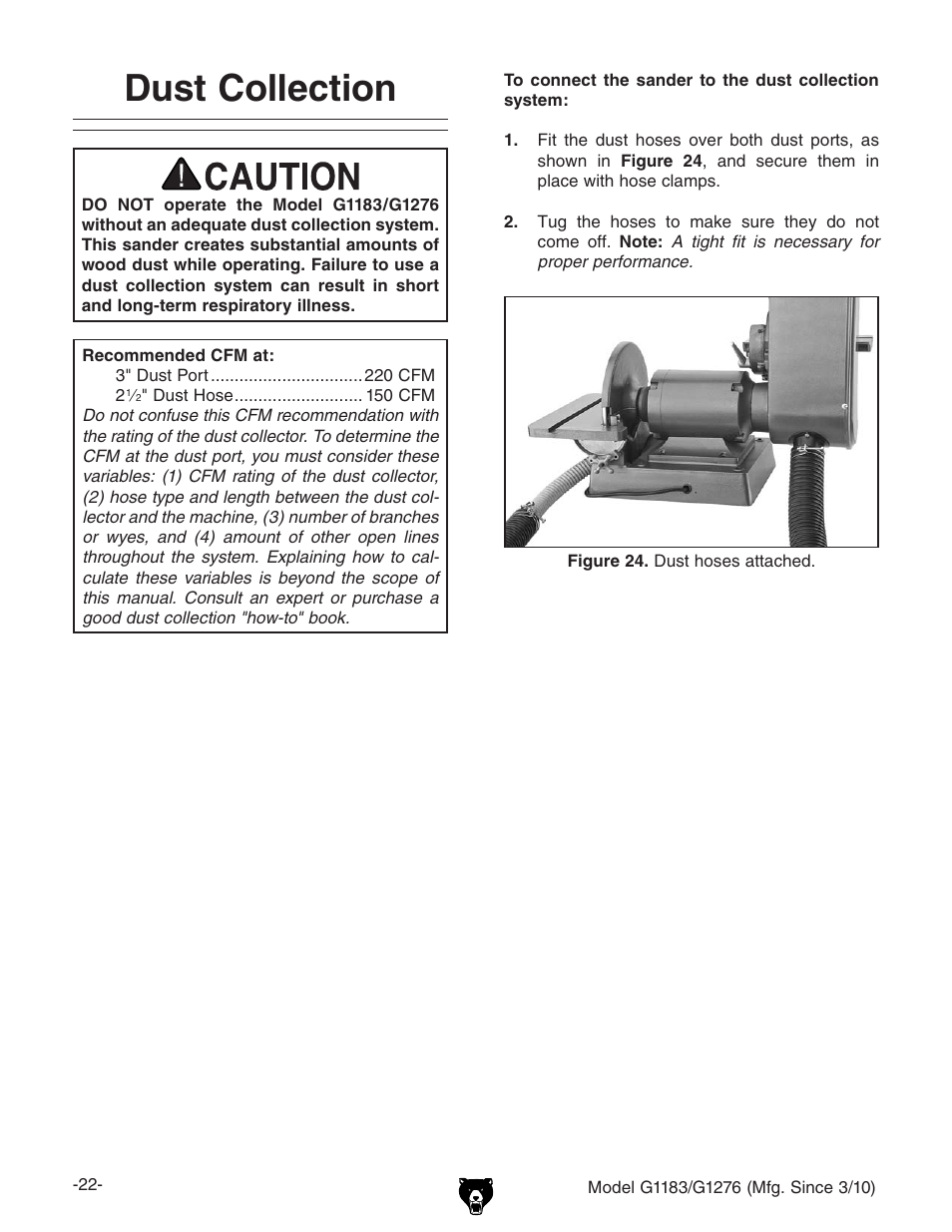 Dust collection | Grizzly COMBINATION SANDER G1183 User Manual | Page 24 / 48