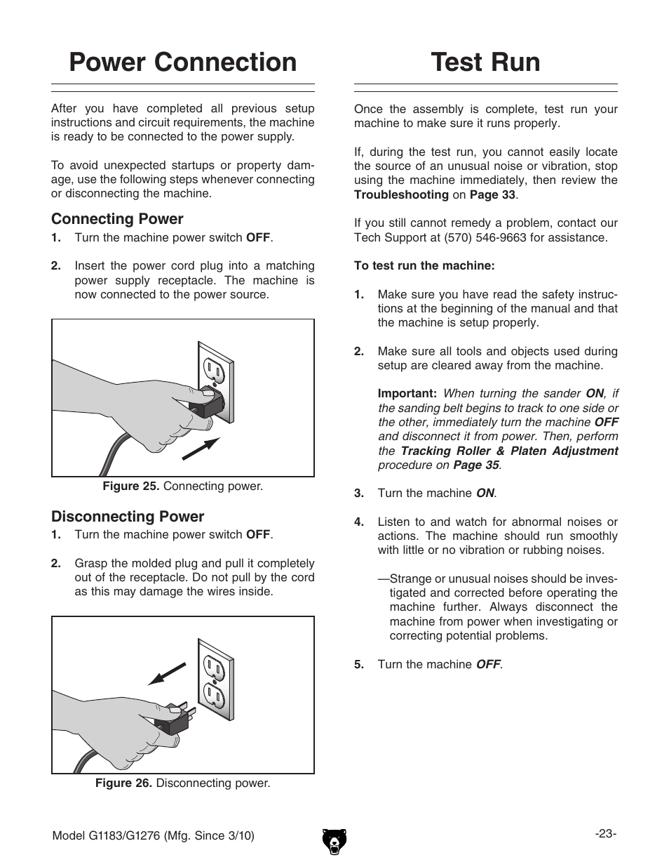 Test run, Power connection | Grizzly COMBINATION SANDER G1183 User Manual | Page 25 / 48