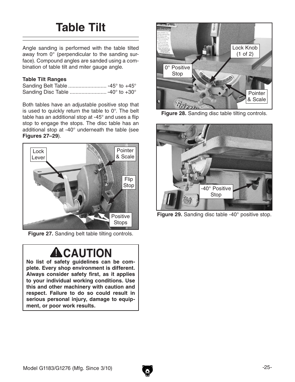 Table tilt | Grizzly COMBINATION SANDER G1183 User Manual | Page 27 / 48