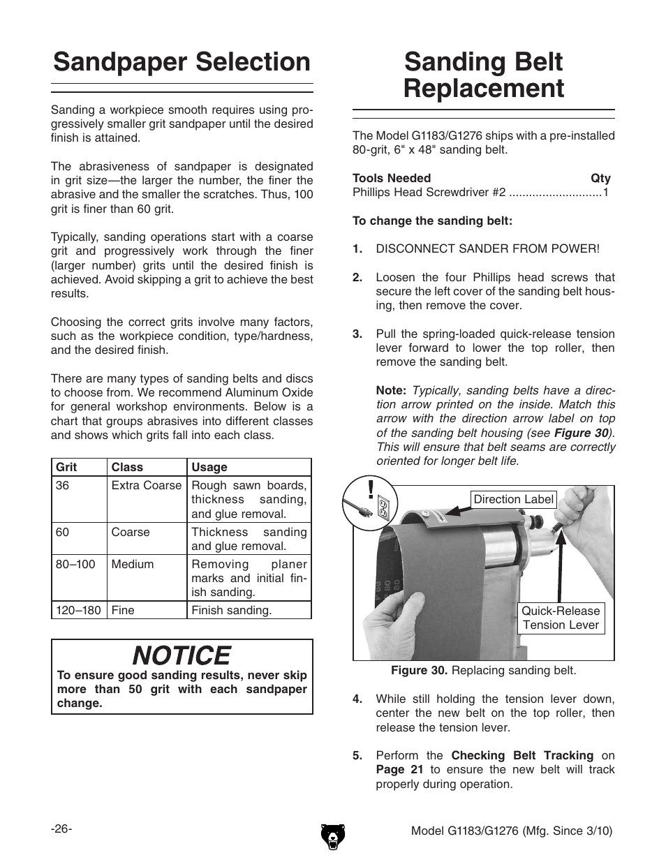 Sandpaper selection, Sanding belt replacement | Grizzly COMBINATION SANDER G1183 User Manual | Page 28 / 48
