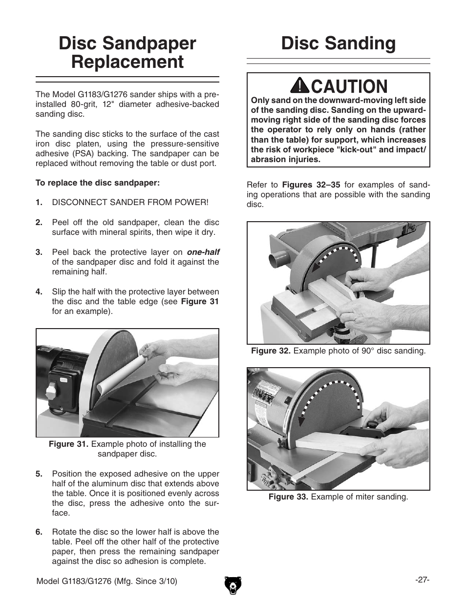 Disc sandpaper replacement, Disc sanding | Grizzly COMBINATION SANDER G1183 User Manual | Page 29 / 48