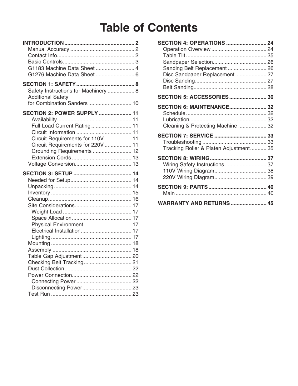 Grizzly COMBINATION SANDER G1183 User Manual | Page 3 / 48