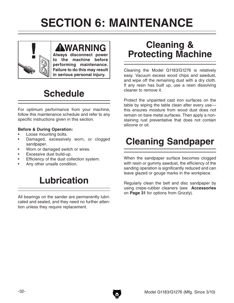 Schedule, Cleaning & protecting machine, Lubrication | Cleaning sandpaper | Grizzly COMBINATION SANDER G1183 User Manual | Page 34 / 48