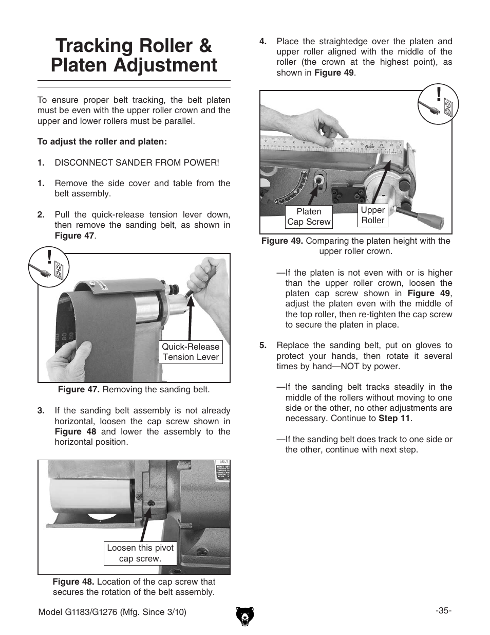 Tracking roller & platen adjustment | Grizzly COMBINATION SANDER G1183 User Manual | Page 37 / 48