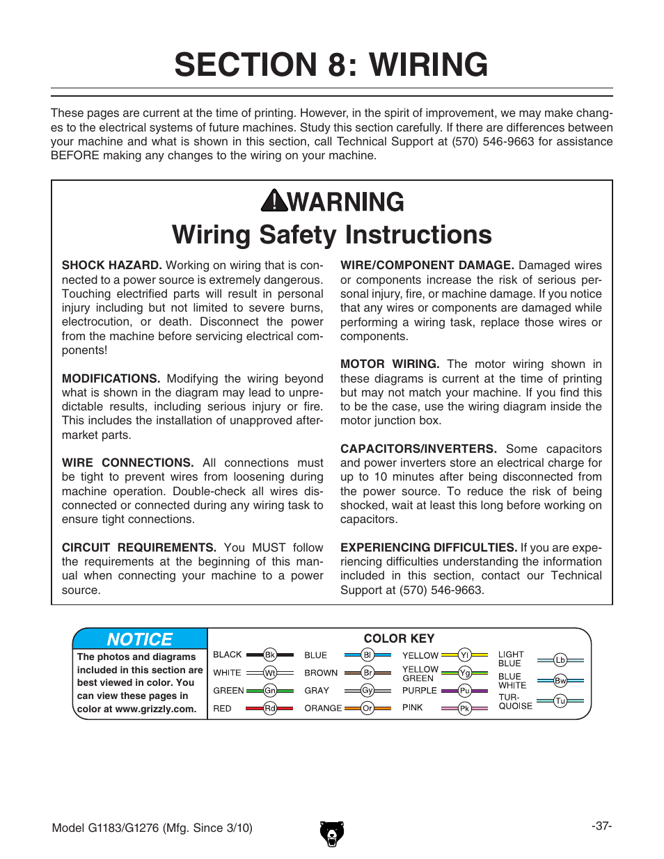 Wiring safety instructions | Grizzly COMBINATION SANDER G1183 User Manual | Page 39 / 48