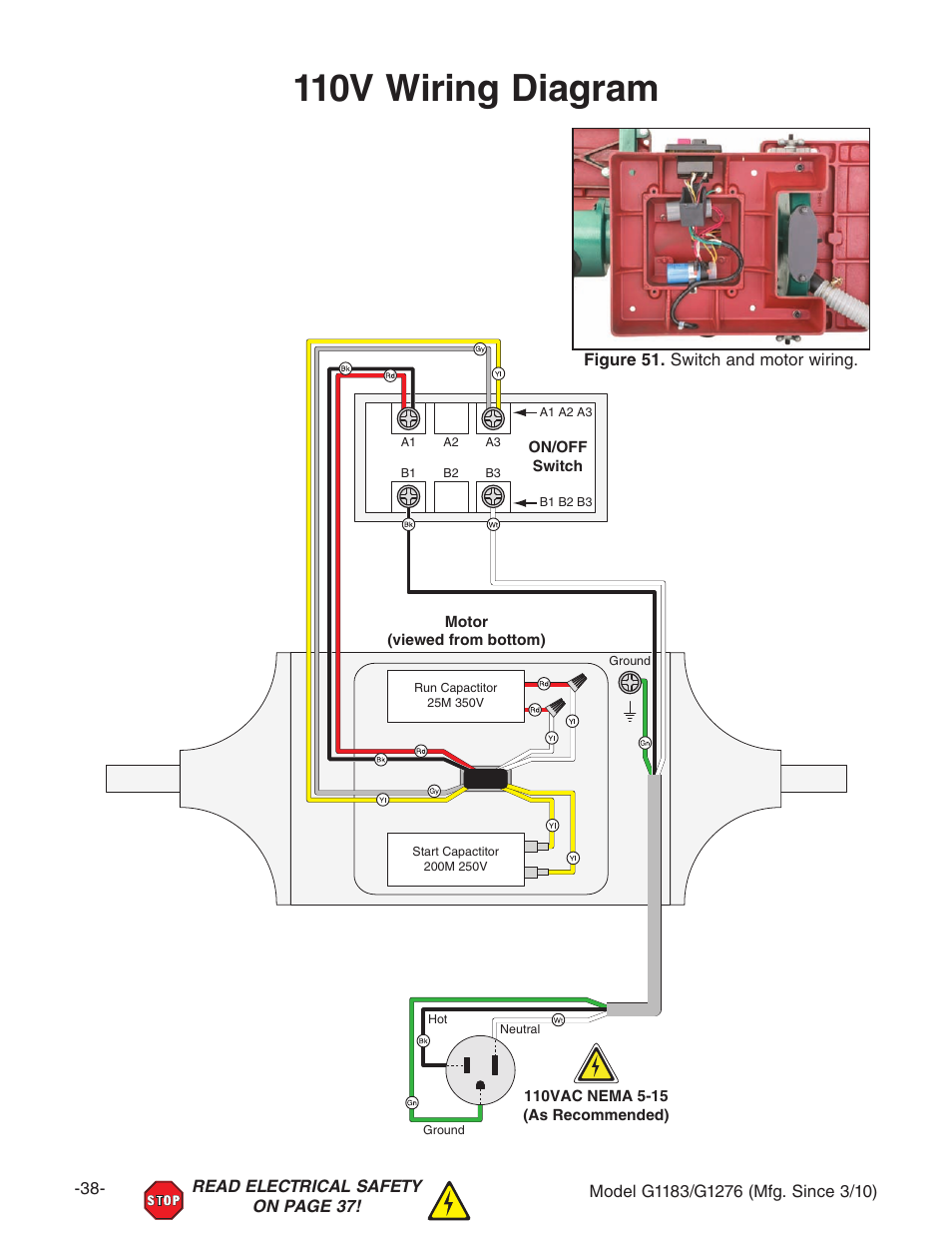 110v wiring diagram | Grizzly COMBINATION SANDER G1183 User Manual | Page 40 / 48