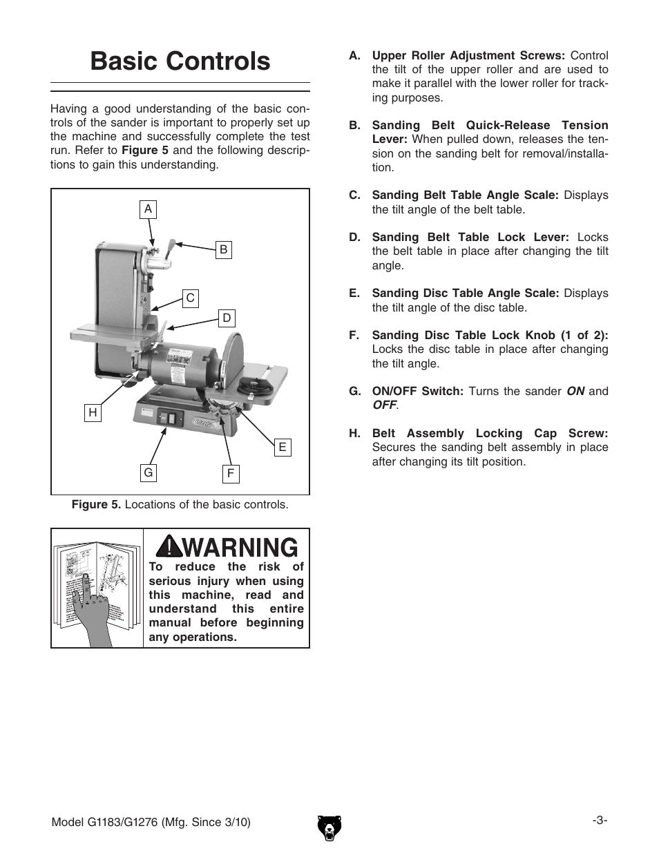 Basic controls | Grizzly COMBINATION SANDER G1183 User Manual | Page 5 / 48