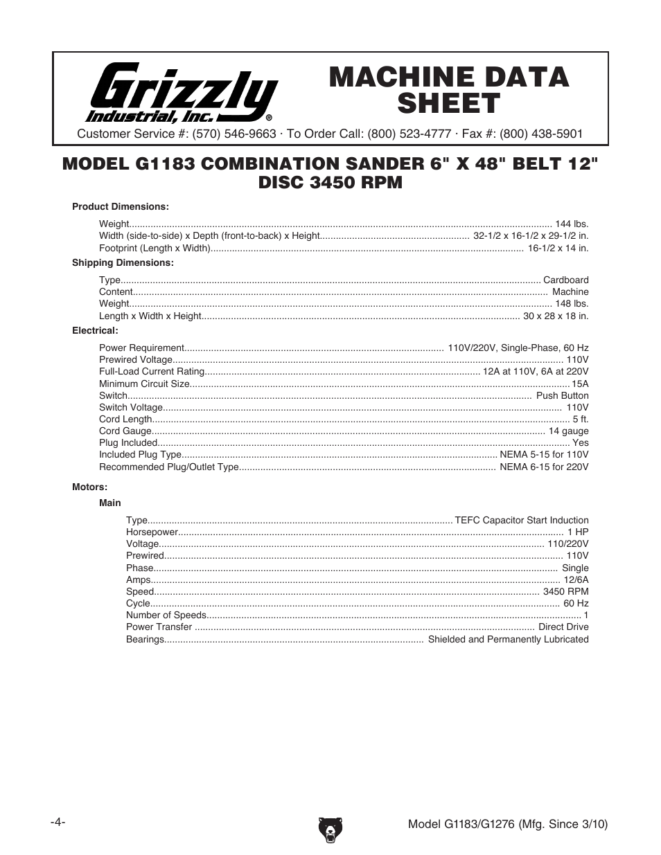 Machine data sheet | Grizzly COMBINATION SANDER G1183 User Manual | Page 6 / 48