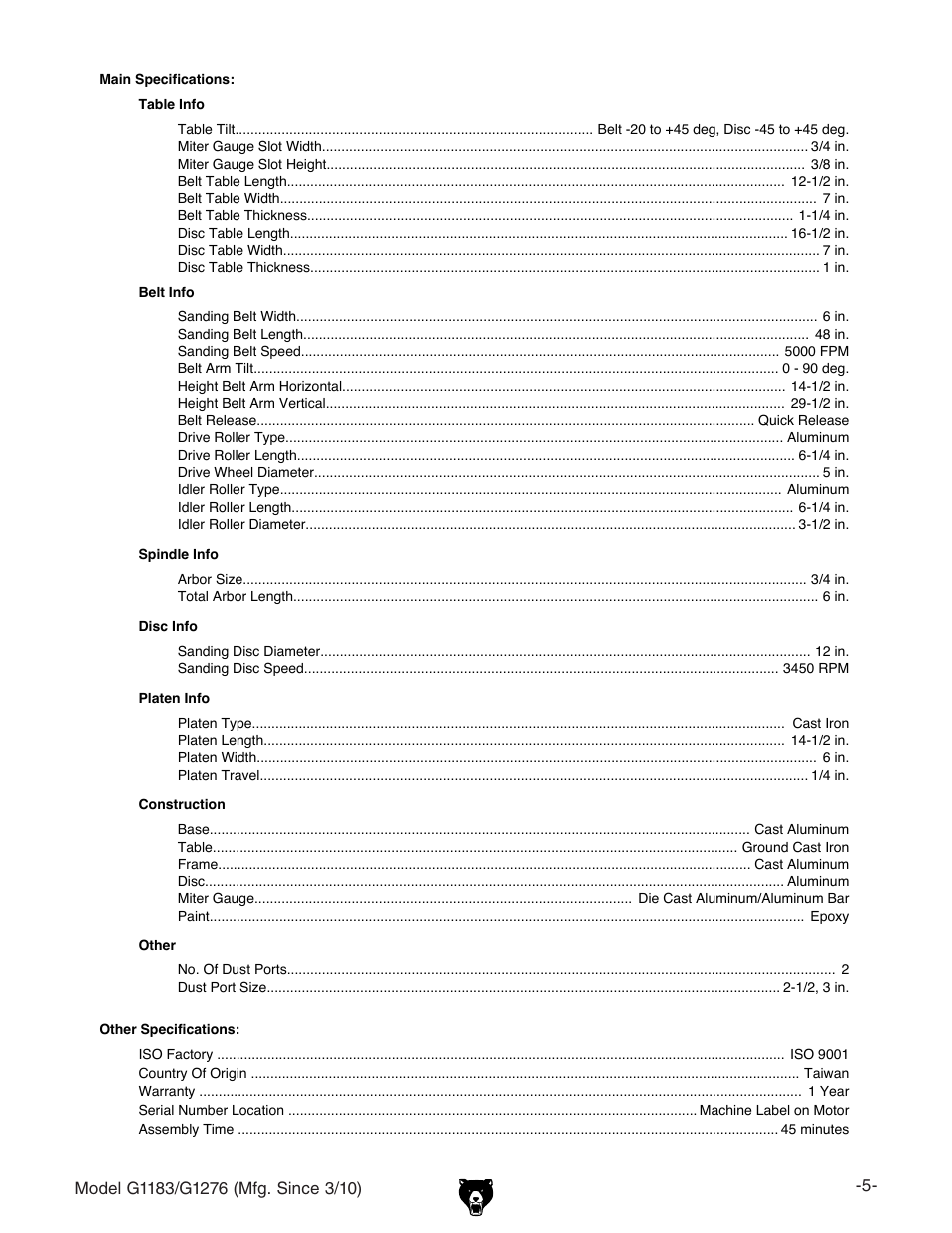 Grizzly COMBINATION SANDER G1183 User Manual | Page 7 / 48
