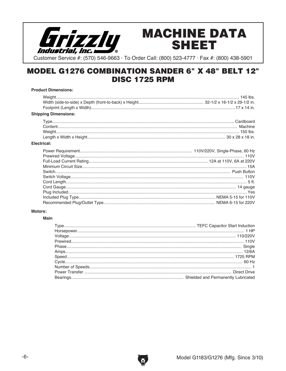 Machine data sheet | Grizzly COMBINATION SANDER G1183 User Manual | Page 8 / 48