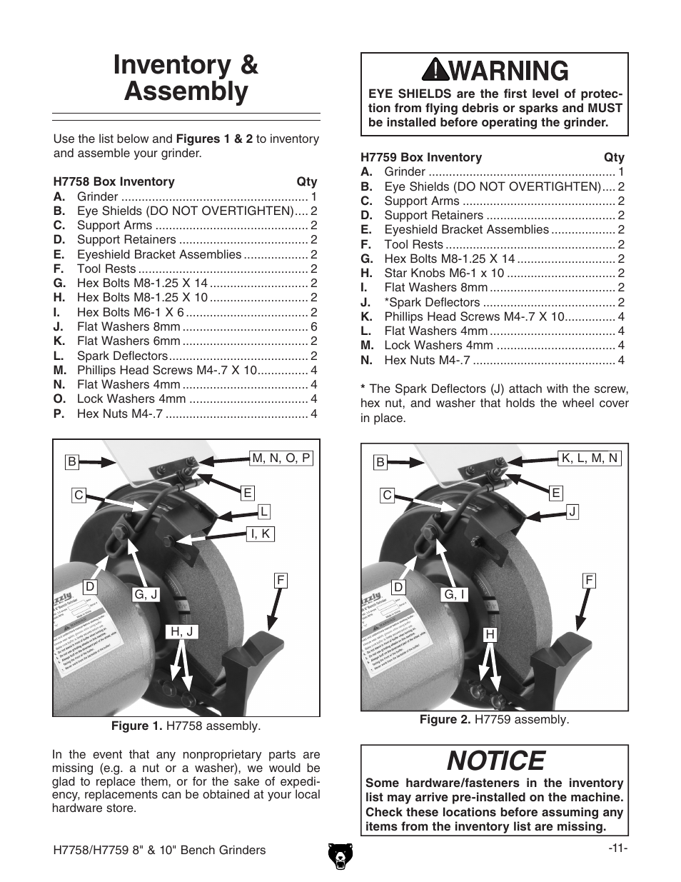 Inventory & assembly, Notice | Grizzly H7758/H7759 User Manual | Page 13 / 28