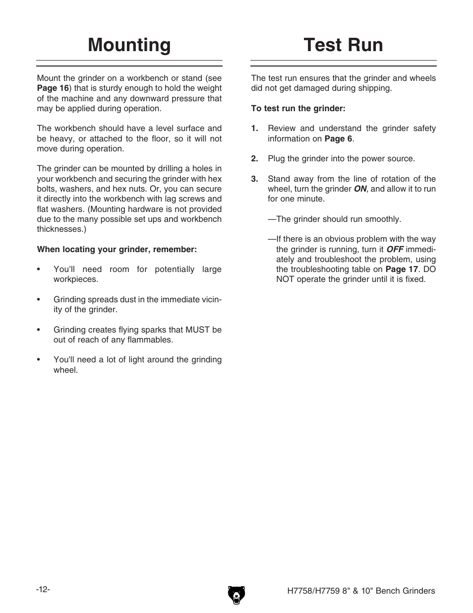 Mounting, Test run | Grizzly H7758/H7759 User Manual | Page 14 / 28