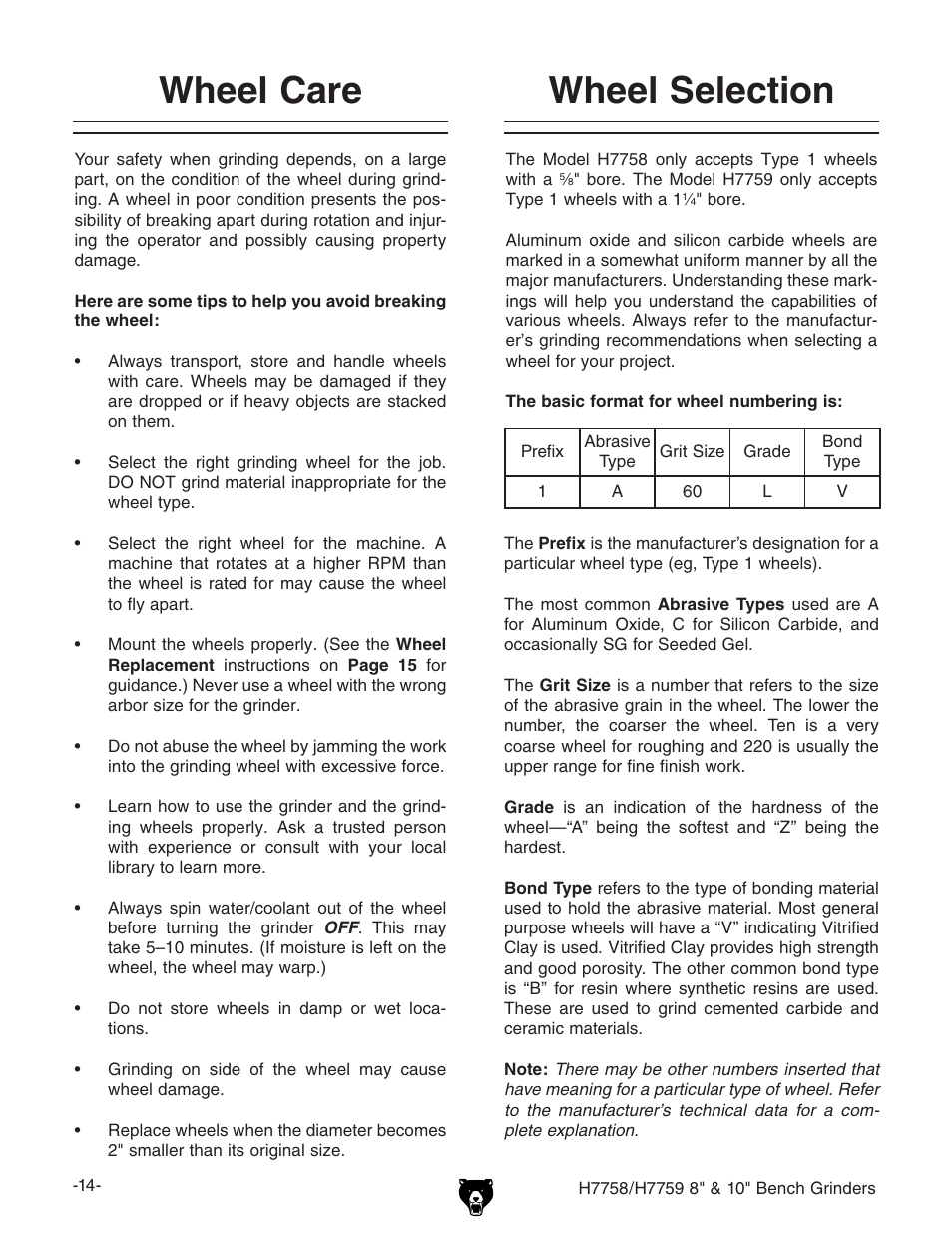 Wheel care, Wheel selection | Grizzly H7758/H7759 User Manual | Page 16 / 28
