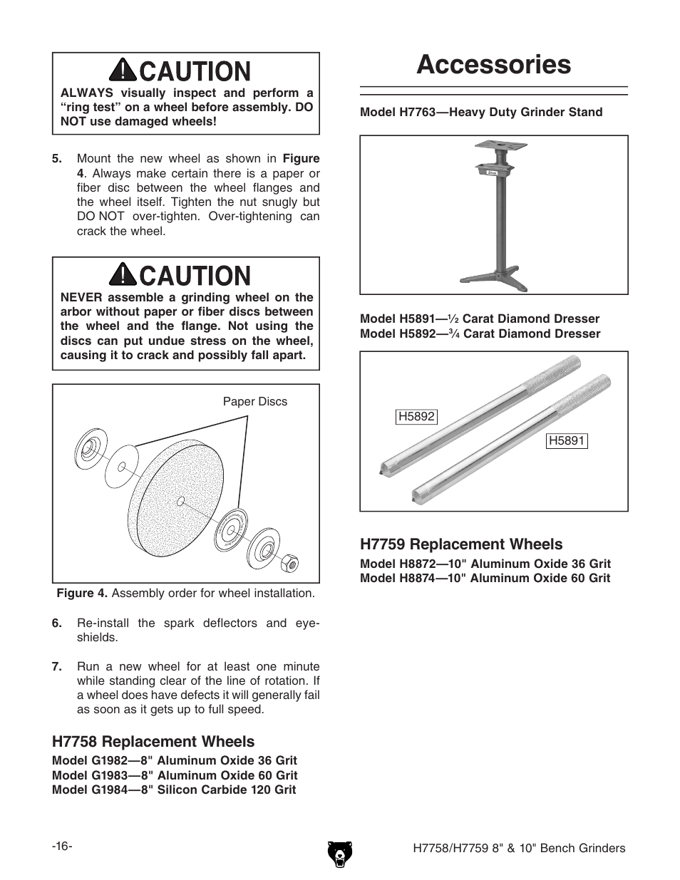 Accessories, H7758 replacement wheels, H7759 replacement wheels | Carat diamond dresser model h5892, Carat diamond dresser | Grizzly H7758/H7759 User Manual | Page 18 / 28