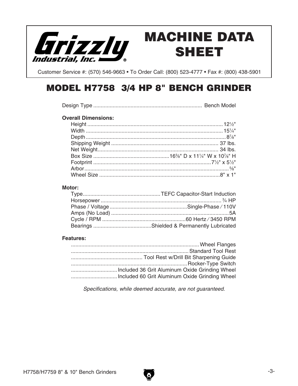 H7758 machine data sheet | Grizzly H7758/H7759 User Manual | Page 5 / 28