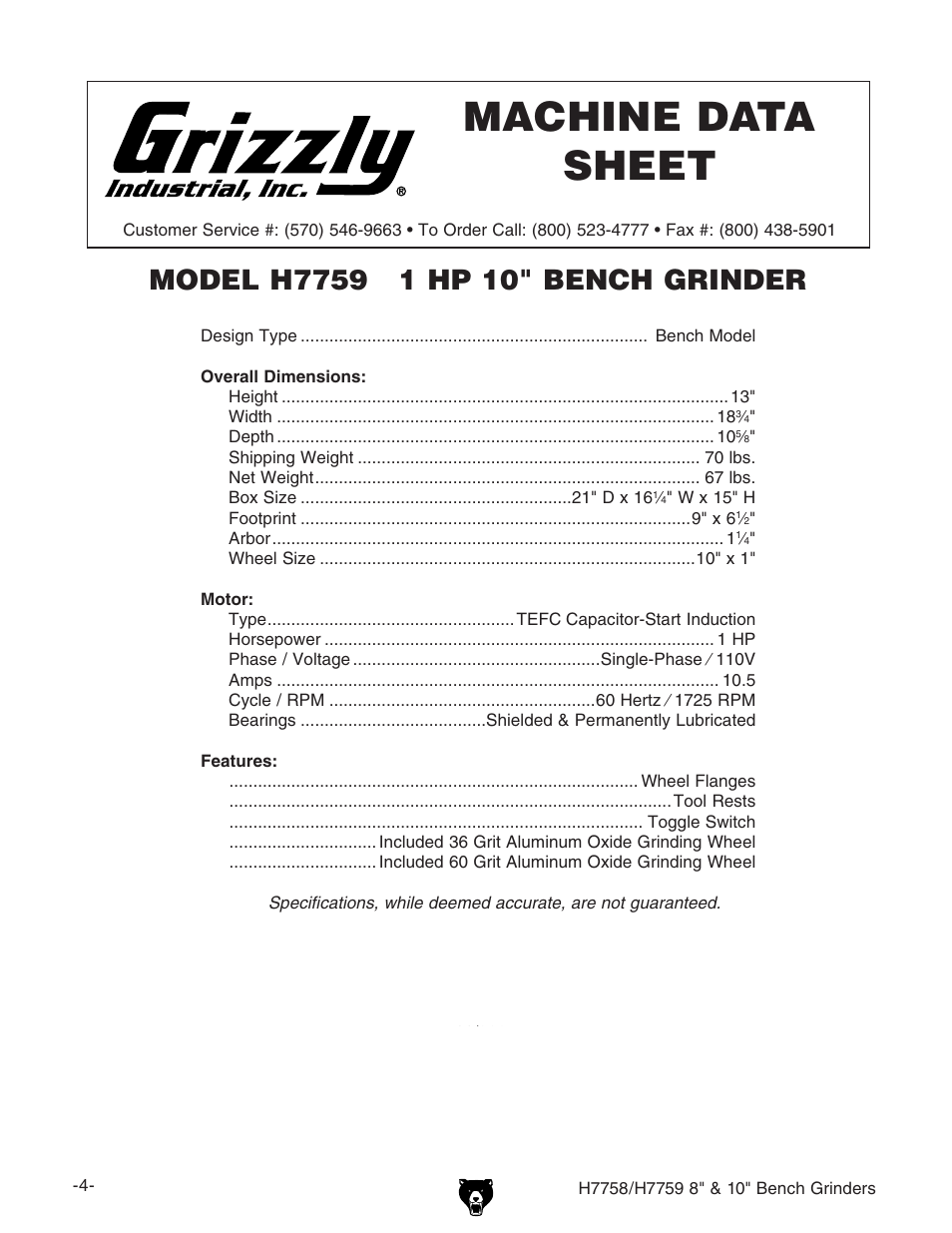 H7759 machine data sheet | Grizzly H7758/H7759 User Manual | Page 6 / 28