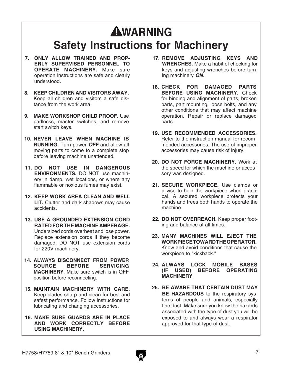 Safety instructions for machinery | Grizzly H7758/H7759 User Manual | Page 9 / 28