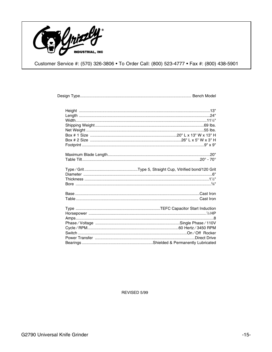 Machine data sheet, Grizzly model g2790 universal knife grinder | Grizzly G2790 User Manual | Page 18 / 23
