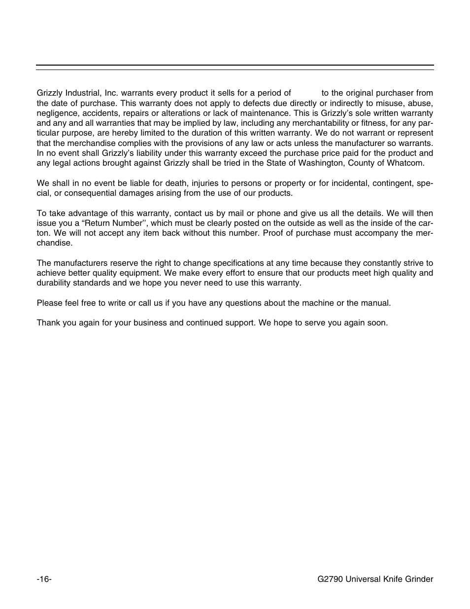 Warranty and returns | Grizzly G2790 User Manual | Page 19 / 23