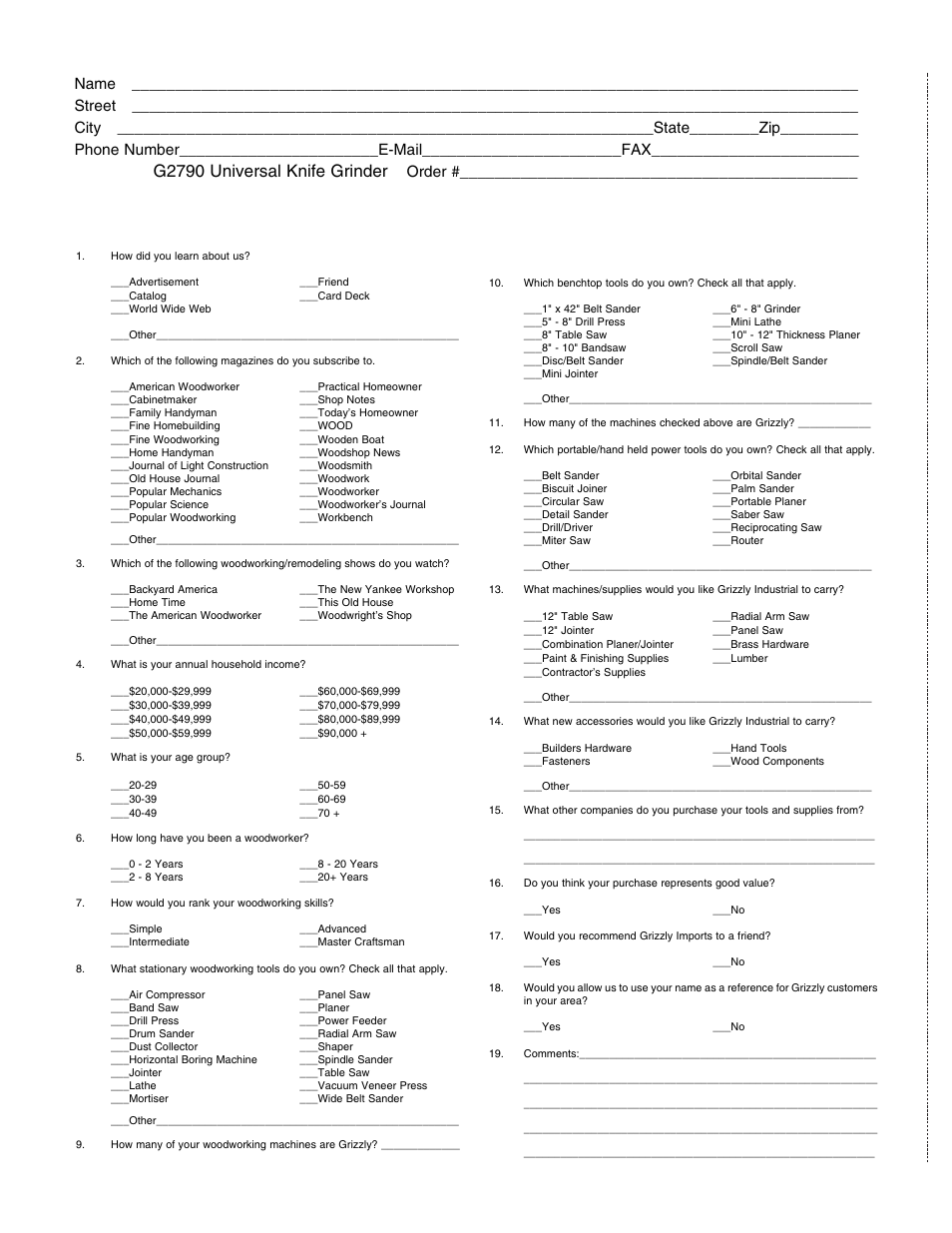 Warranty card, G2790 universal knife grinder, Order | Grizzly G2790 User Manual | Page 22 / 23