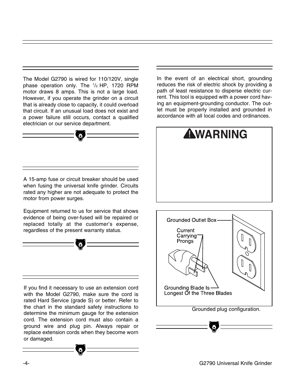 110v operation, Fusing, Extension cords grounding | Grizzly G2790 User Manual | Page 7 / 23