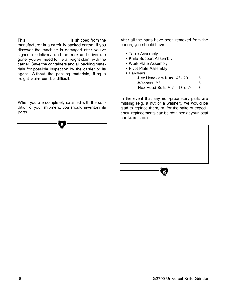 Unpacking, Parts inventory, Notice | Grizzly G2790 User Manual | Page 9 / 23