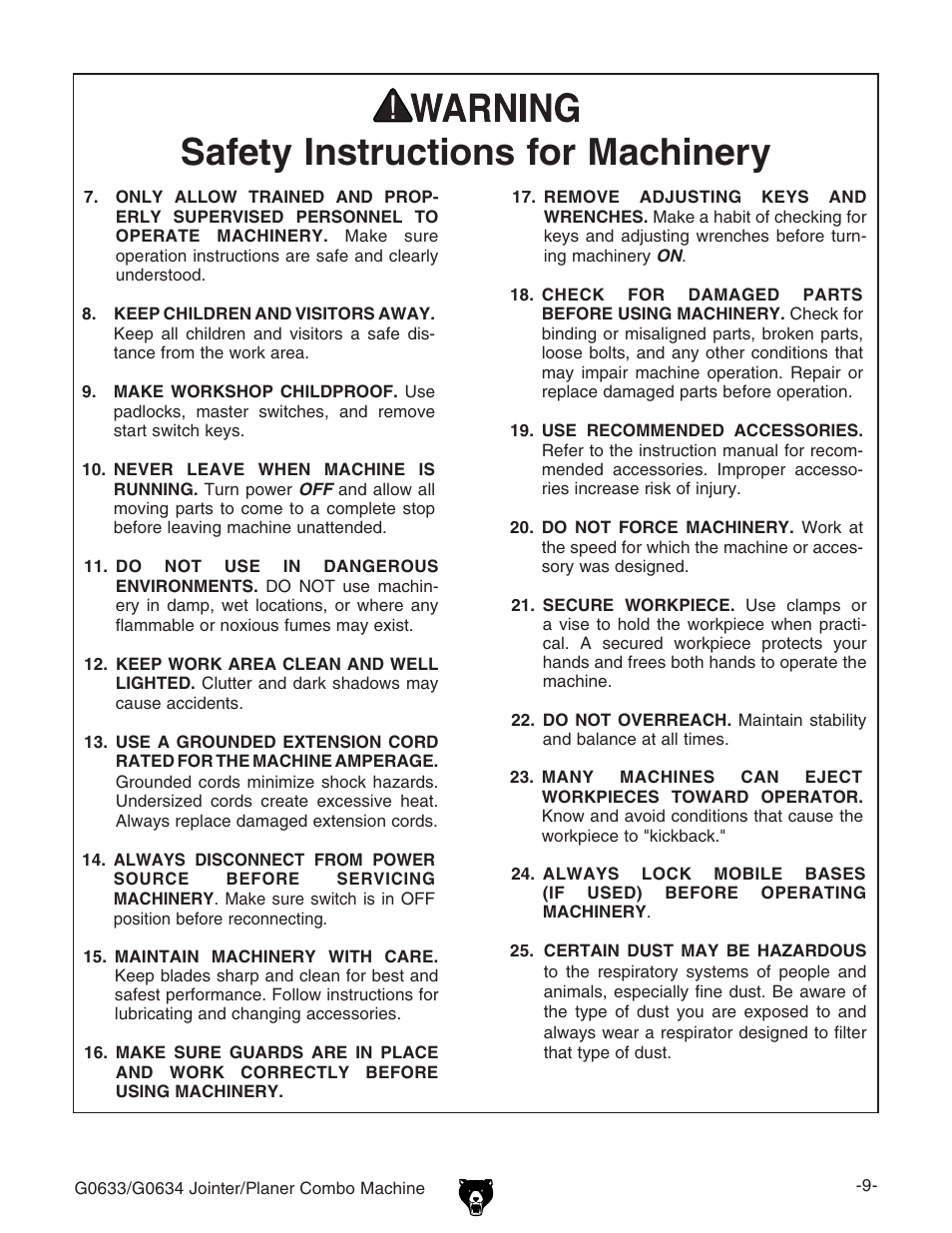 Grizzly G0633/G0634 User Manual | Page 11 / 72